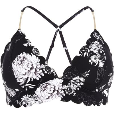Plus black floral print scallop bikini top